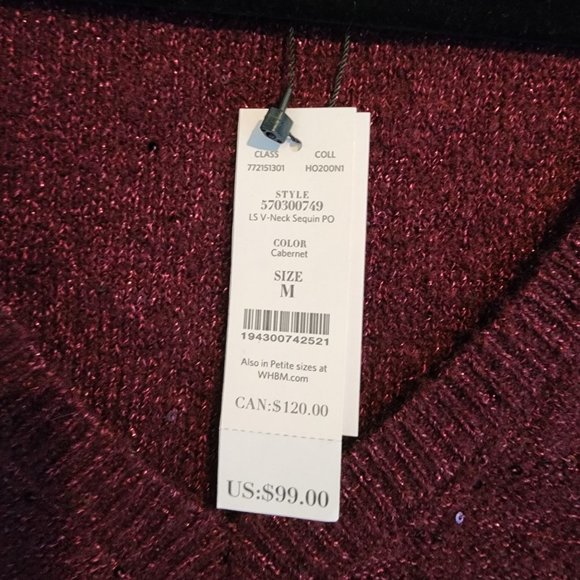 WHBM LS V Neck Sequin PO Caberirnet Womens size M NWT - Picture 4 of 4